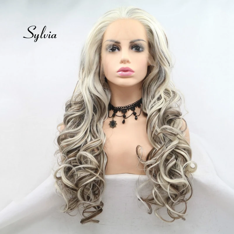 Sylvia смешанные блондинка парики длинные бодрый Вьющиеся парики Бесплатный Часть Для женщин химическое Синтетические волосы на кружеве