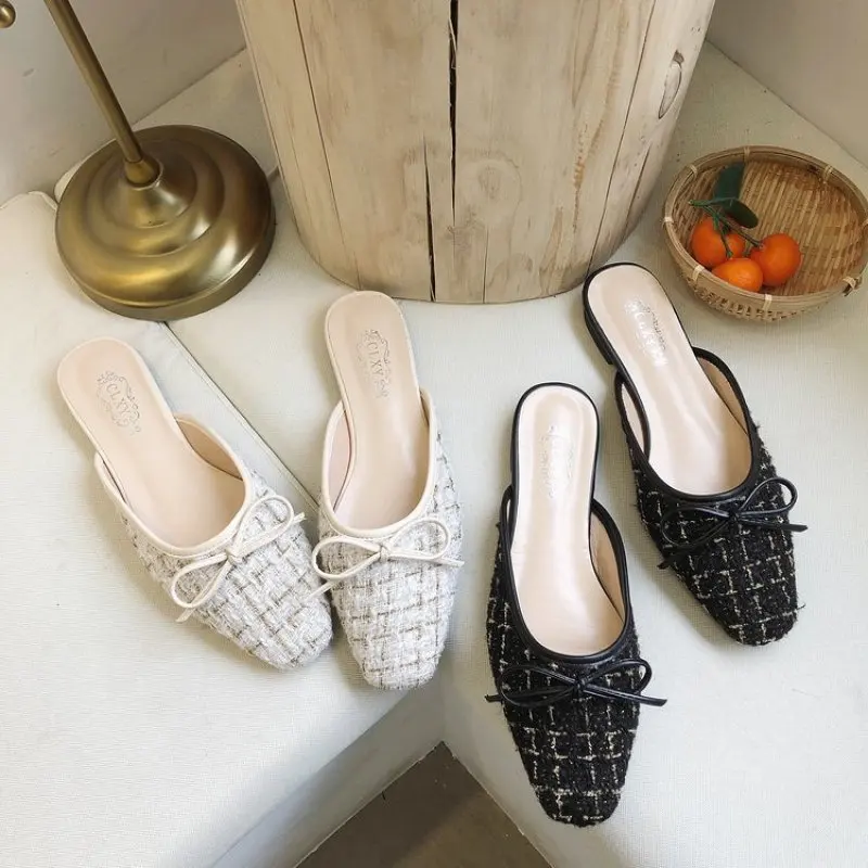 

Women Flat Slippers Slip On Mules 2019 Woman Slides White Black Fashion Butterfly Knot Slip On Loafers Mules Female