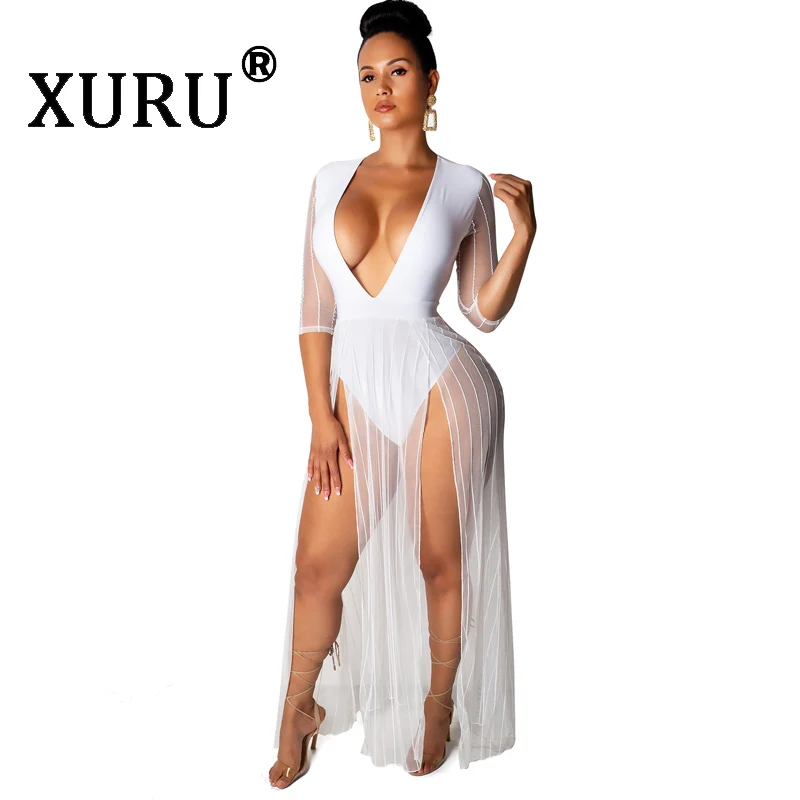 XURU Hot Fashion New Women's Dress Sexy Deep V-neck Mesh Dress Half-sleeve Open Leg Dress XURU Hot Fashion New Women's Dress Sexy Deep V-neck Mesh Dress Half-sleeve Open Leg Dress