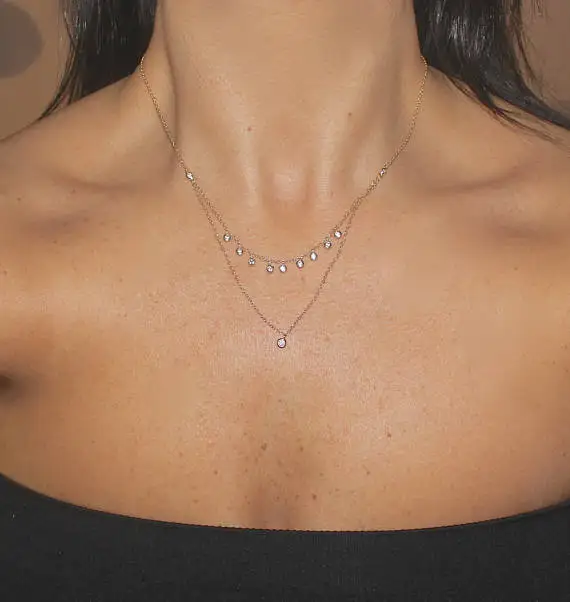 

925 sterling silver double layer cz drop charm choker european women jewelry cz station statement multi-layer collares necklaces