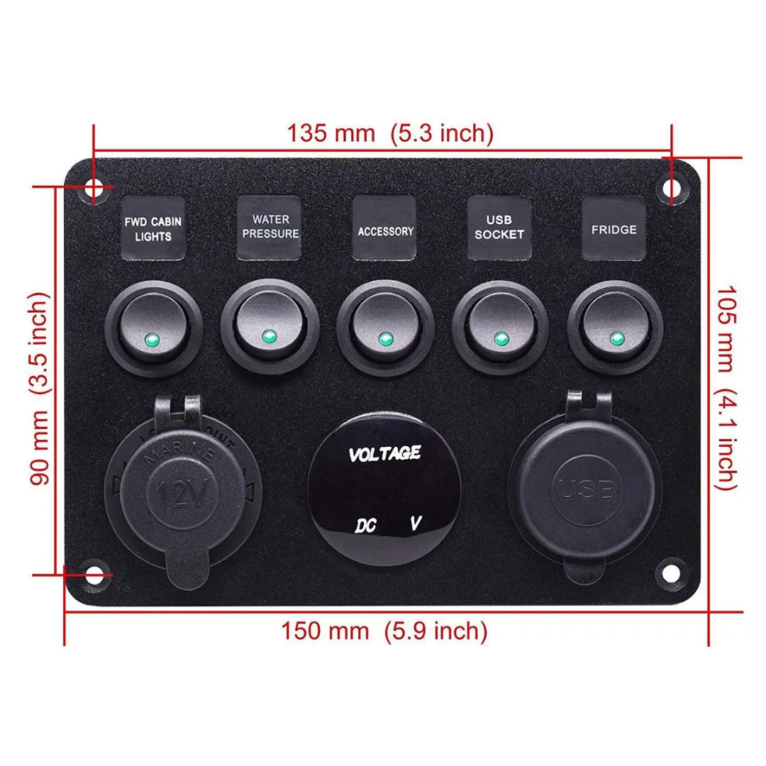 Mayitr 1 шт. 5 банд автомобиля ВКЛ-ВЫКЛ тумблер кулисный переключатель панель управления с Зеленый светодиодный цифровой вольтметр 2 USB зарядное устройство 12 В