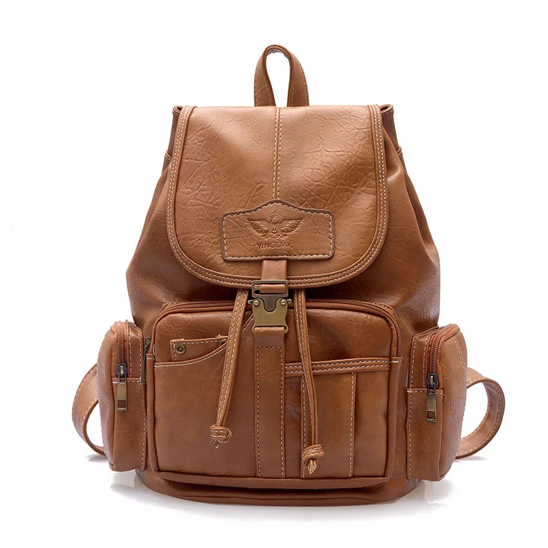 Бренд kmffly винтажный женский рюкзак для девочек-подростков школьные сумки большие рюкзаки на шнурке высококачественный рюкзак из кожи сумка - Цвет: Brown
