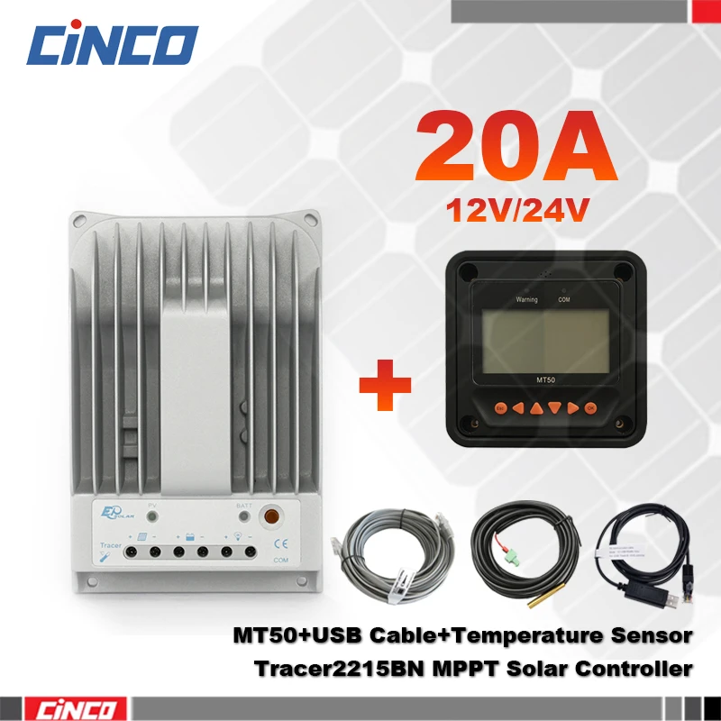 

Tracer2215BN 20A 12V/24V solar charge controller & MT50 and USB communication cable & temperature sensor RTS300R47K3.81AV1.1