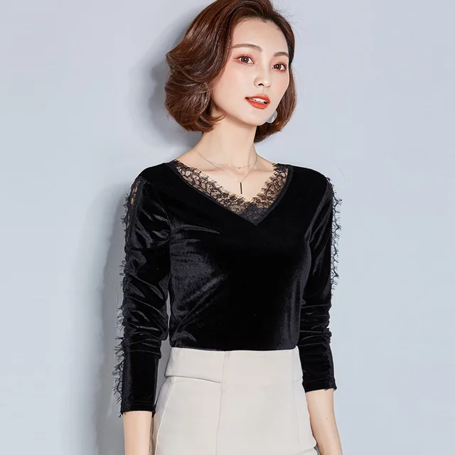 Fashion Velvet Women Blouses Long Sleeve V Neck Blusas 2019 Lace Sexy ...