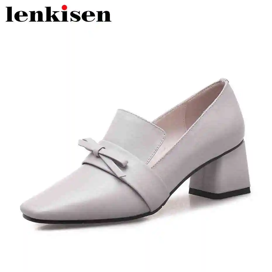 

Lenkisen large size slip on full grain leather square toe solid med square heels solid bowtie european design women pumps L90