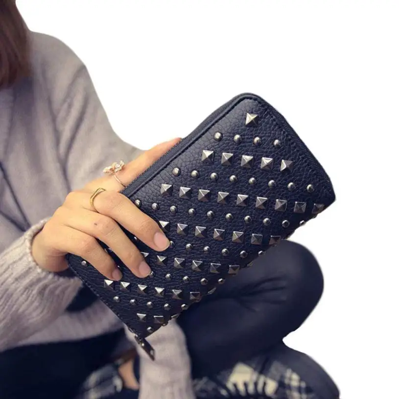2016 Woman Long Purse Clutch Women Card Punk Rivet Lady Wallets Women's Leather Bag Ladies Casual Wallet carteras mujer #YHYW