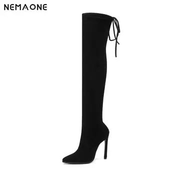 

NEMAONE Women Over The Knee High Boots Slip on Winter Shoes Thin High Heel Pointed Toe All Match Women Boots Size 34-43