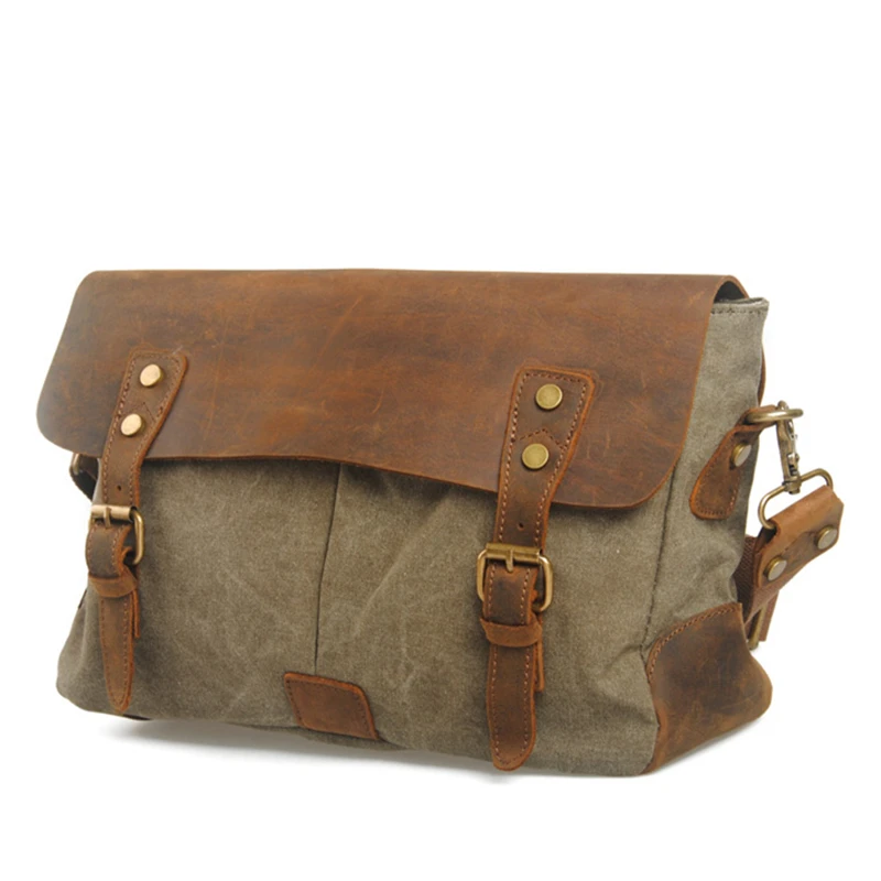 

Brand crazy horse leather canvas messenger bag for men 3 Vintage colour high quality man crossbody shoulder bag