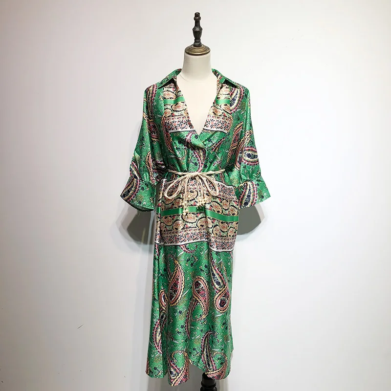 

Summer 2019 New Retro Ethnic Style Printing Loin with Belt Shirt Dress Holiday Medium-length