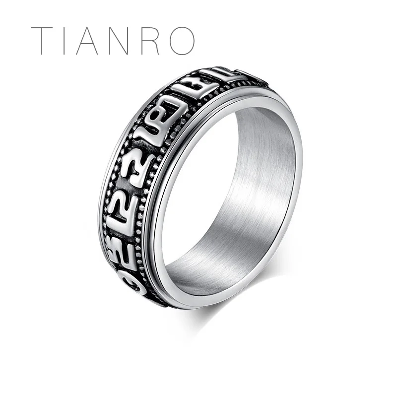 

TIANRO Titanium Steel Six-Word Mantra Ring Rotating Six-word Big Mantra Man's Ring Vintage Jewelry Factory Direct