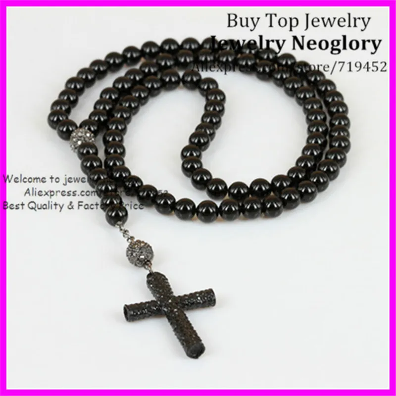 

1PCS Black Onyx Stone Cross Necklace Religious Men Necklace Crystal Cross Pendant Necklace Hip Hop Jewelry Stretch Necklace