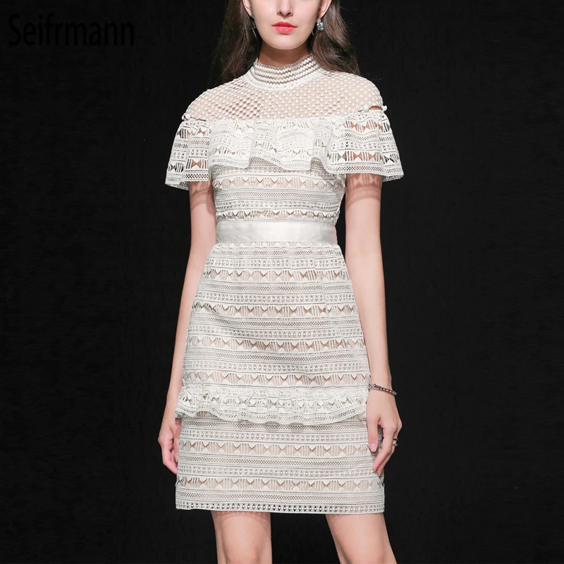 

Seifrmann New 2019 Women Spring Summer Dress Runway Fashion Designer Lace Hollow Out Embroidery Ruffles Elegant Party Dresses