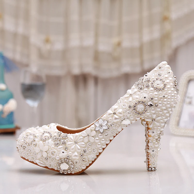 

Luxuy Handmade Pearl Crystal Diamond Wedding Shoes White Bridal Dress Shoes Women Platform High heels 3 Inches Glitter Pumps