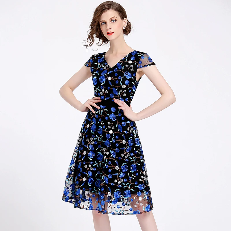Embroidery decoration dresses vintage style floral pattern polyester
