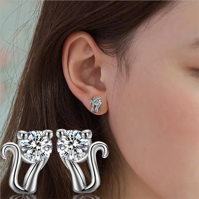 

KOFSAC 925 Real Sterling Silver Stud Earrings For Women Pure Cute Cat Pattern Shiny AAA Zircon Classic Style Party Jewelry