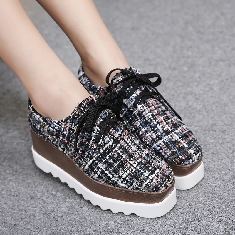 

Brand Lattice Cloth Platform Autumn Shoe Woman Round Toe Lace-Up Platform Oxford Shoes For Women 2018 New Fashion Creepers