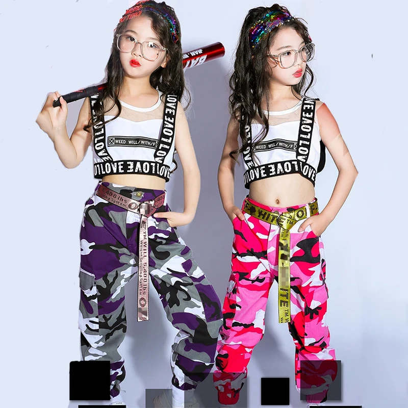 

Cheerleading Dance Costumes For Kids Sleeveless Girls Hip Hop Street Dance Stage Outfits Children Jazz Camouflage Pants DC1436