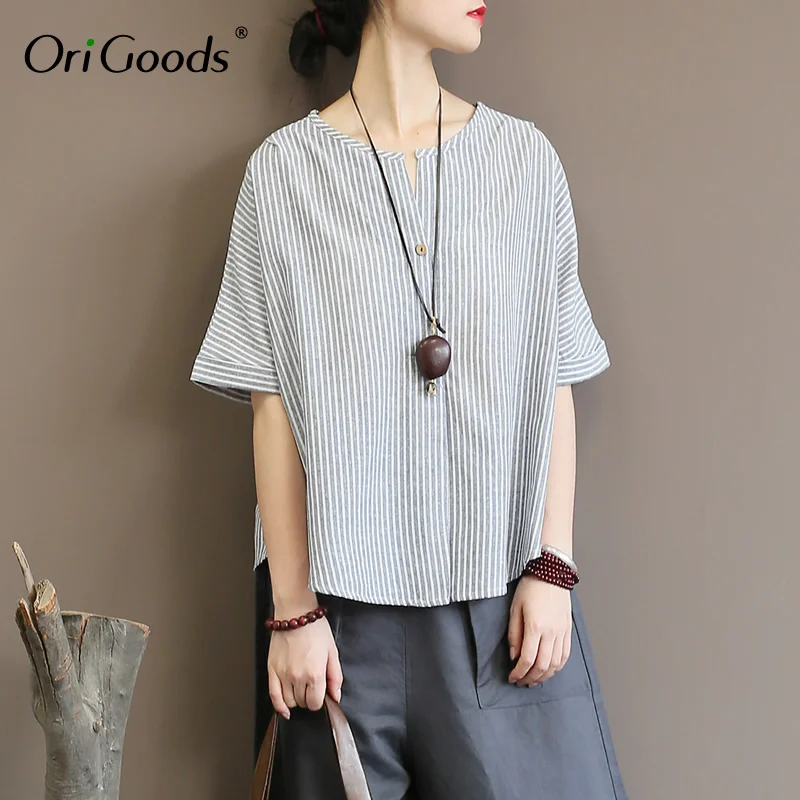 

OriGoods Striped Shirt Summer Blouse Women Short sleeve Batwing Blouse Shirt Women Loose Causal Plus size Shirt Blusas Tops A349