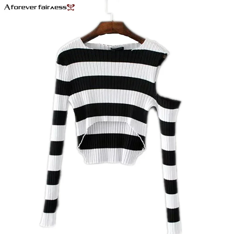 A Forever 2018 Autumn Women Crop Tops Off The Shoulder Knitwear Pullover Sexy Long Sleeve Short Stripes Knitting Sweaters M-440 | Женская