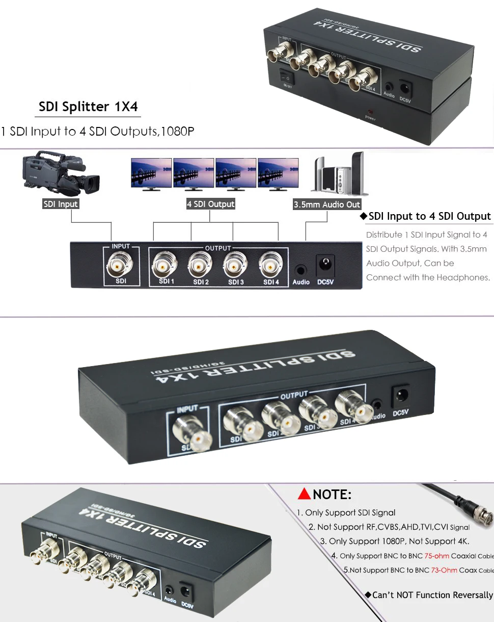 Aikexin SDI сплиттер 1x4 с 3,5 мм Aux Jack 4 порта SDI сплиттер 1 вход 4 выхода HD SDI конвертер Поддержка 1080p для камеры