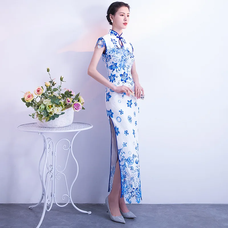 Синий и белый фарфор современный Qipao длинное свадебное китайский антиквариат для продажи традиционное Ципао сексуальное Восточный вечер