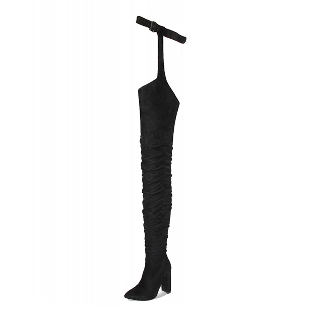 SARAIRIS/женские ботфорты выше колена в стиле Рианны; замшевые ботфорты с острым носком на высоком каблуке со складками; пикантные черные ботфорты