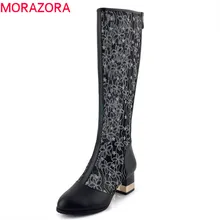 MORAZORA/Новое поступление года; ботинки с круглым носком; женская летняя обувь с перфорацией; вечерние кружевные туфли на молнии; сапоги до колена на квадратном каблуке
