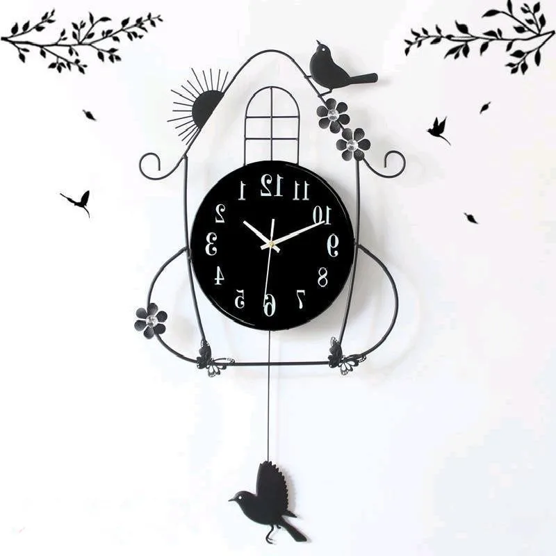 Креативные черные железные качели Висячие птицы прочные металлические электронные настенные часы большие настенные искусство и ремесла современный дизайн настенные часы