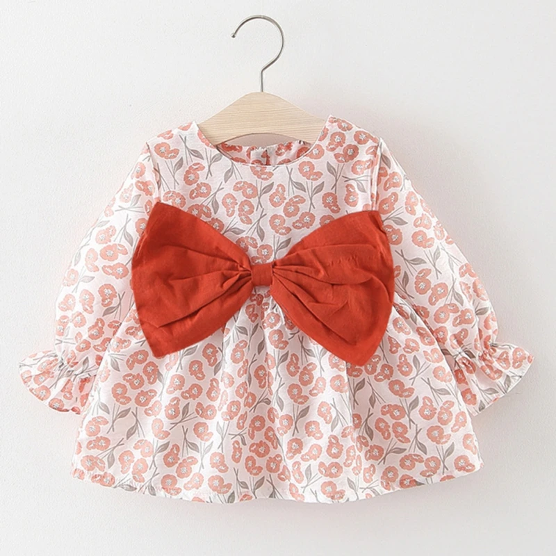 Fashion Autumn Baby Girls Dress Floral Pattern Long Sleeve With Big Bow Design Kids Clothes Cute Toddler Pageant Sundress | Детская