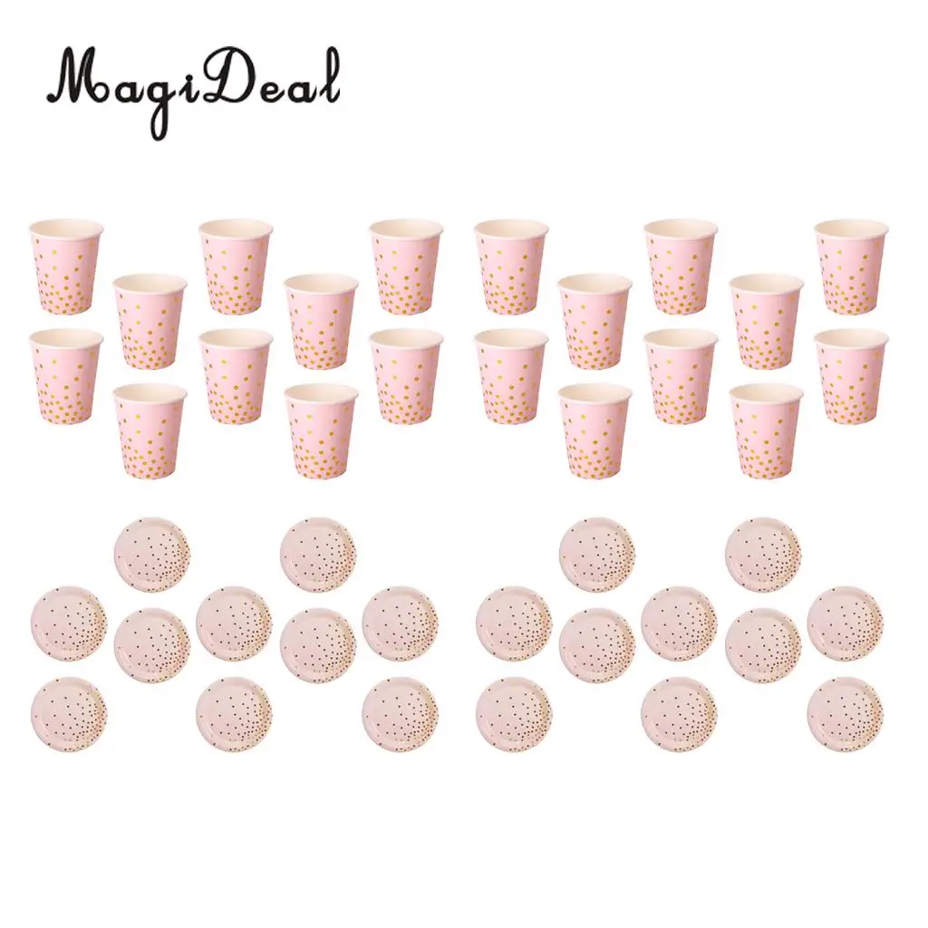 20 Set Glitter Gold Polka Dots Paper Plates and Cups Baby Shower Wedding Birthday Disposable Tableware
