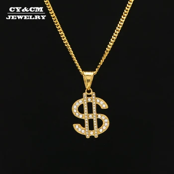 

CY&CM Men Women Gold Color Hip Hop Bling Bling US Dollar Sign Chain Pendant Necklace Stainless Steel Rhinestone Iced Out Jewelry