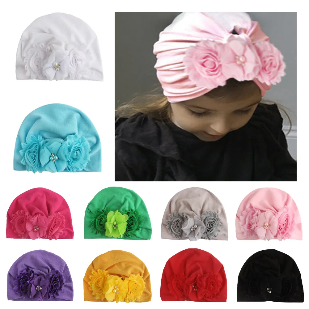 Yundfly Infant Newborn Caps with Shabby Chiffon Flowers Cotton Blend Kont Turban Girls Stretchy Beanie Hat Baby Hair Accessories