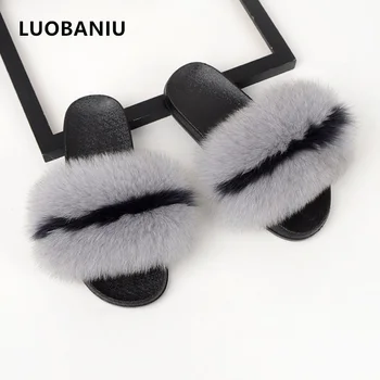 

Women Fur Slippers Shoes Real Fox Slippers Fluffy Slippers Women Flat loafers Shoes Summer Sandals Ladies Shoes big size 36- 44