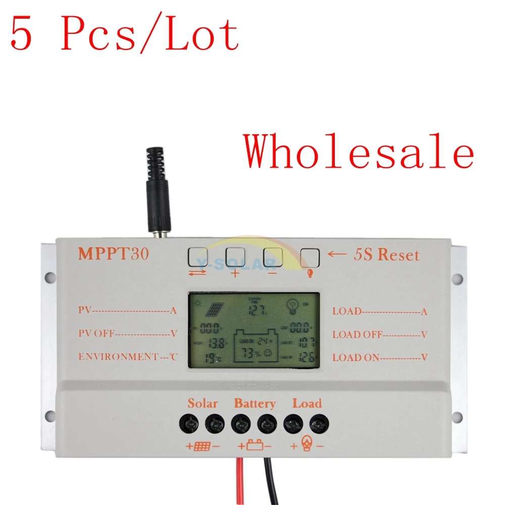 

5PCS/LOT Wholesale MPPT30A Solar Controller 12V 24V Auto Work USB 5V Temp Sensor Solar Panel Battery LCD Charger Regulator