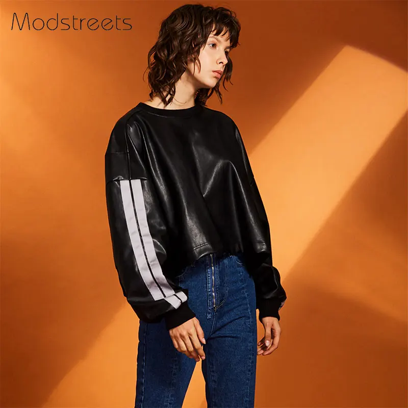 Modstreets Women Black Hoodies Autumn Fashion Pu Leather Tops Hoodie