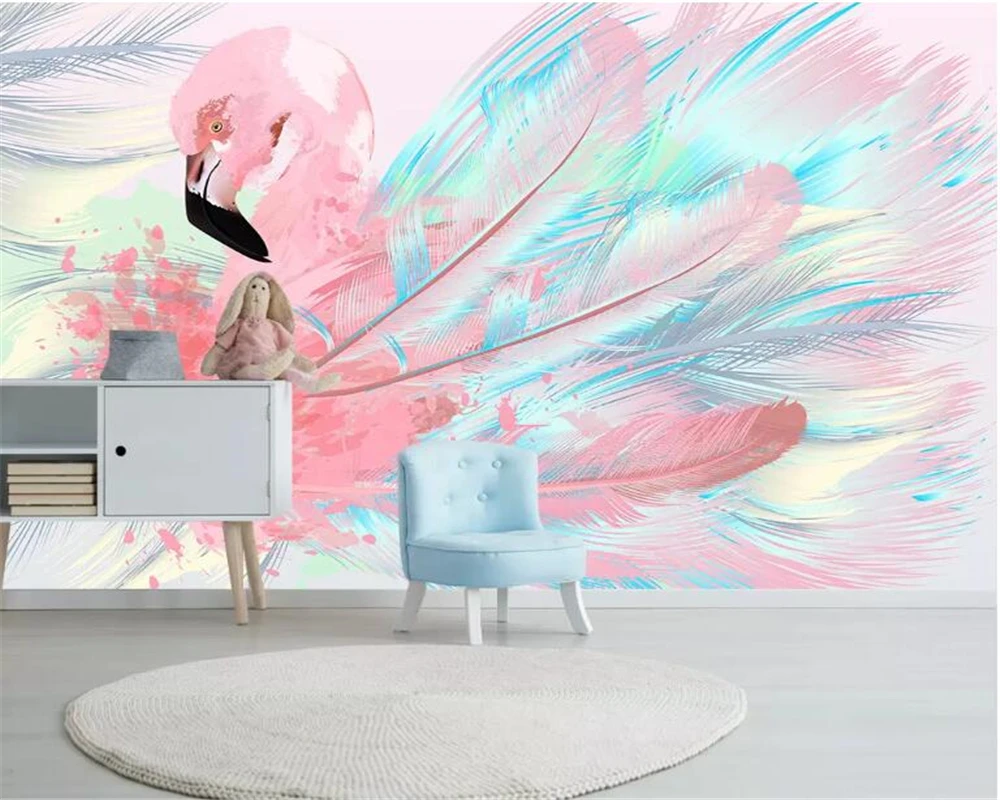 

Beibehang Customized modern living room sofa background wall 3d wallpaper hand painted flamingo feather wallpaper papier peint