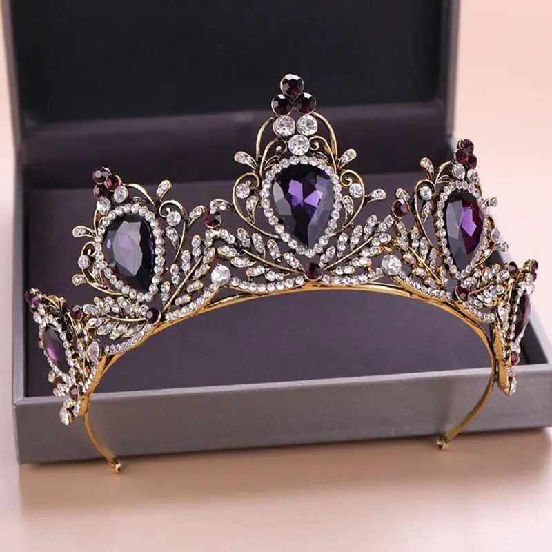 Фиолетовая винтажная корона для невесты, свадебная тиара, обруч, стразы, камень, роскошные подвески, ювелирные изделия для волос, светящиеся, модные, вечерние