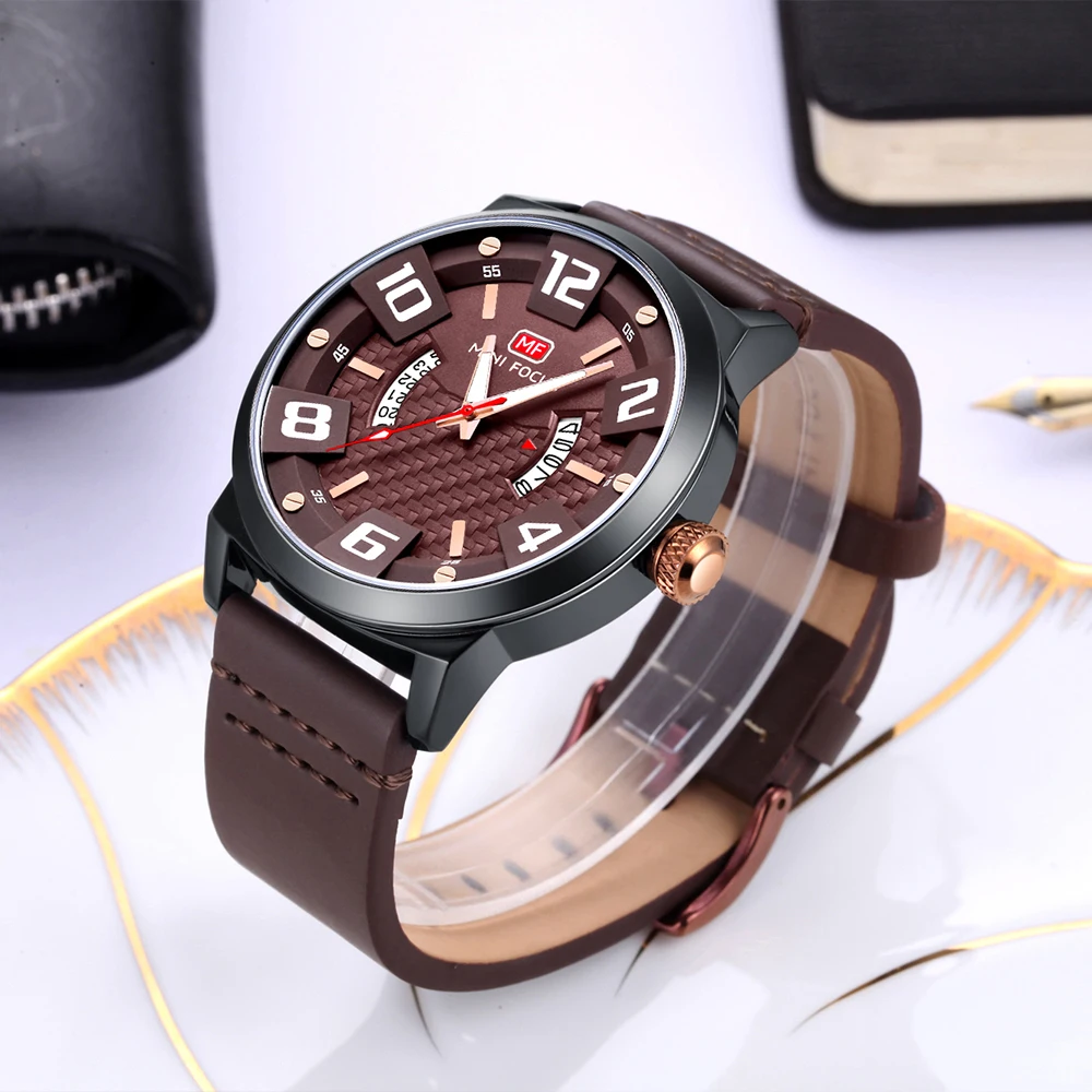 

MINI FOCUS Sport Quartz Watch Men Brown Genuine Leather Strap Arabic Number 3D Bolt Calendar Dial Mens Watches Top Brand Luxury