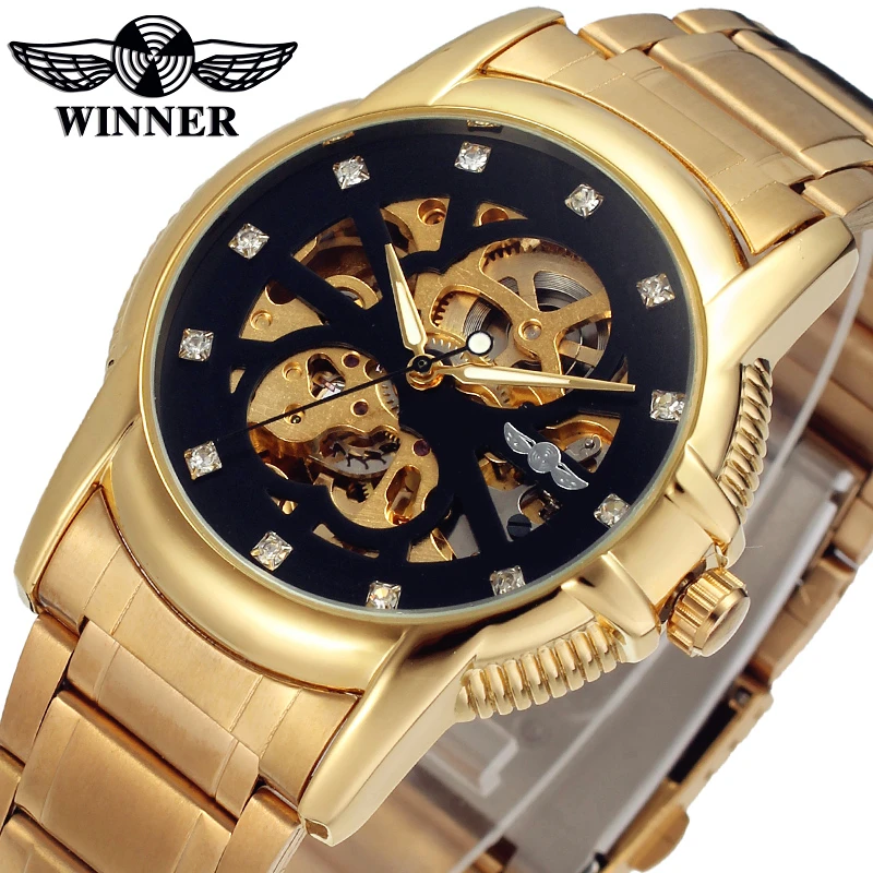 

Fashion WINNER Men Luxury Brand Gold Skeleton Stainless Steel Watch Automatic Mechanical Wristwatches Gift Box Relogio Releges