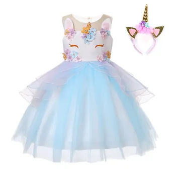 

MUABABY Baby Girl Unicorn Fancy Dress Up Kids Embroidery Layered Tulle Party Gown Children Unicornio Wedding Princess Costumes