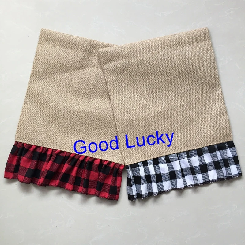 

50pcs/lot High Quality Monogram Burlap Plaid Ruffle Garden Flag, White Ruffle Burlap Christmas Garden Flags
