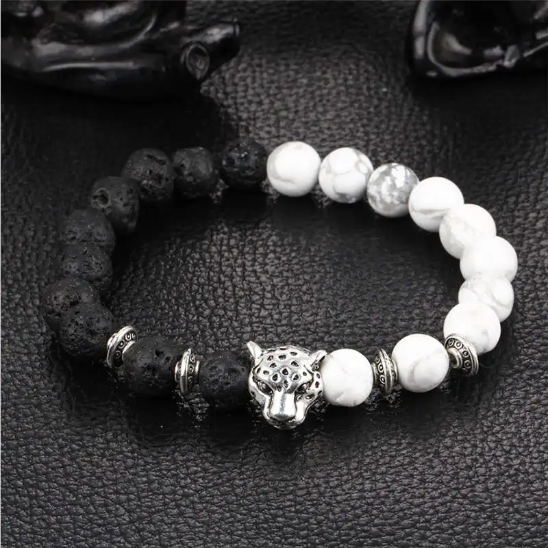 

natural weathering black line pine volcanic lapis lazuli hand string Buddha beads lion leopard head bracelet