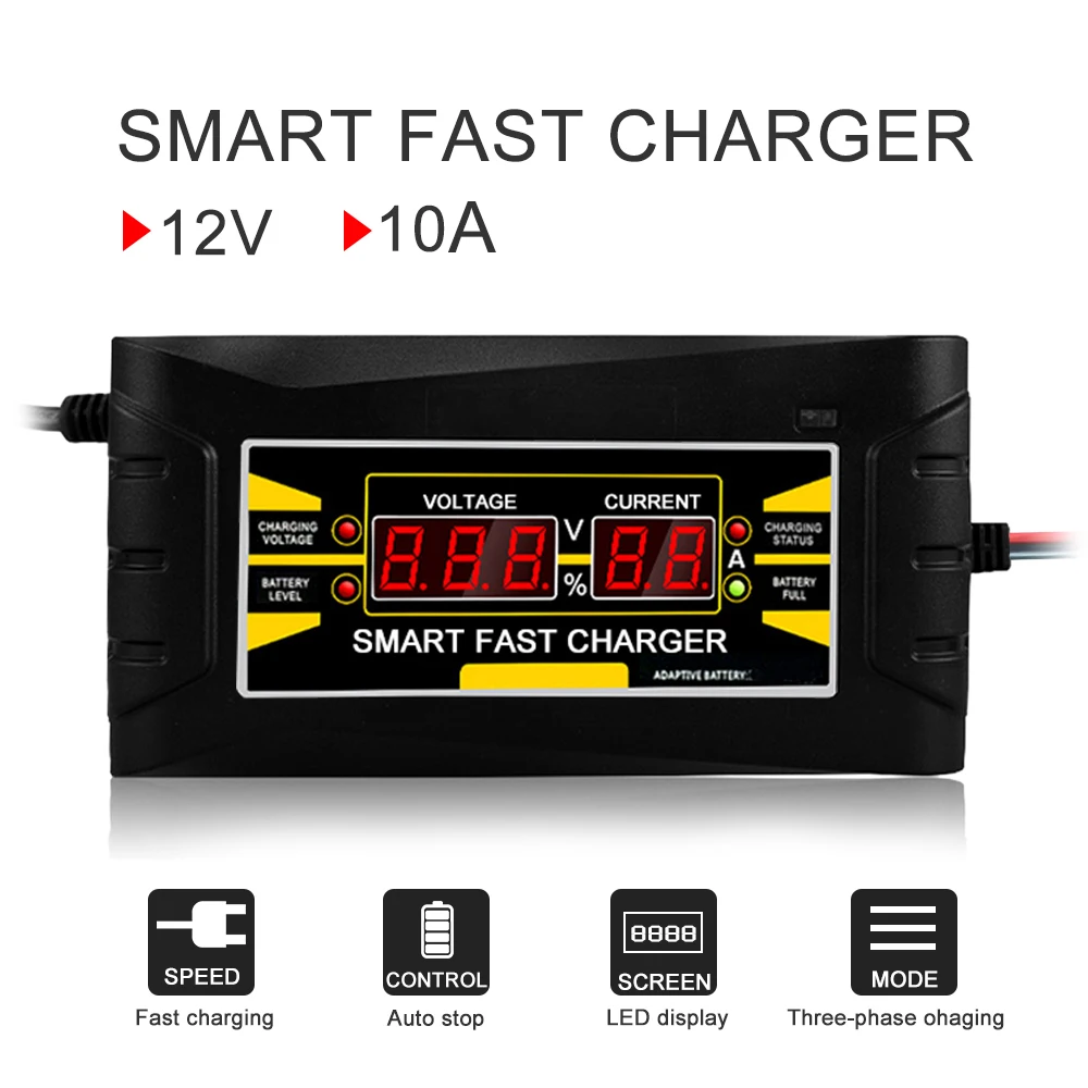 

Full Automatic Smart Battery Charger 12V 10A Lead Acid/GEL LCD Display EU/US Plug Smart Fast Car Battery Charger