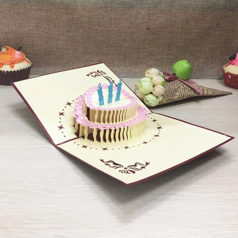 1pcs Birthday Cake 3D Handmade Pop Up Laser Cut Postcard Greeting Gift Cards Kraft Kirigami Blank With Envelope Birthday Gifts (4)