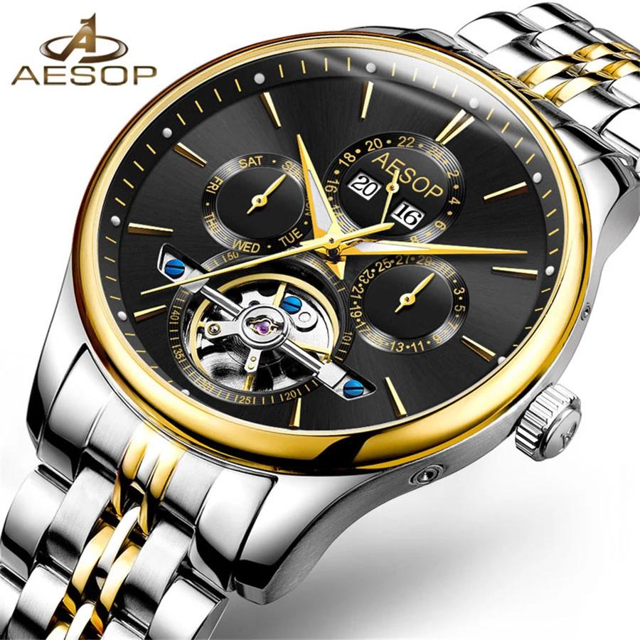 

AESOP Tourbillon Automatic Mechanical Watches Men Luxury Famous Brand Calendar Skeleton Stainless Steel Wrist Watch Men