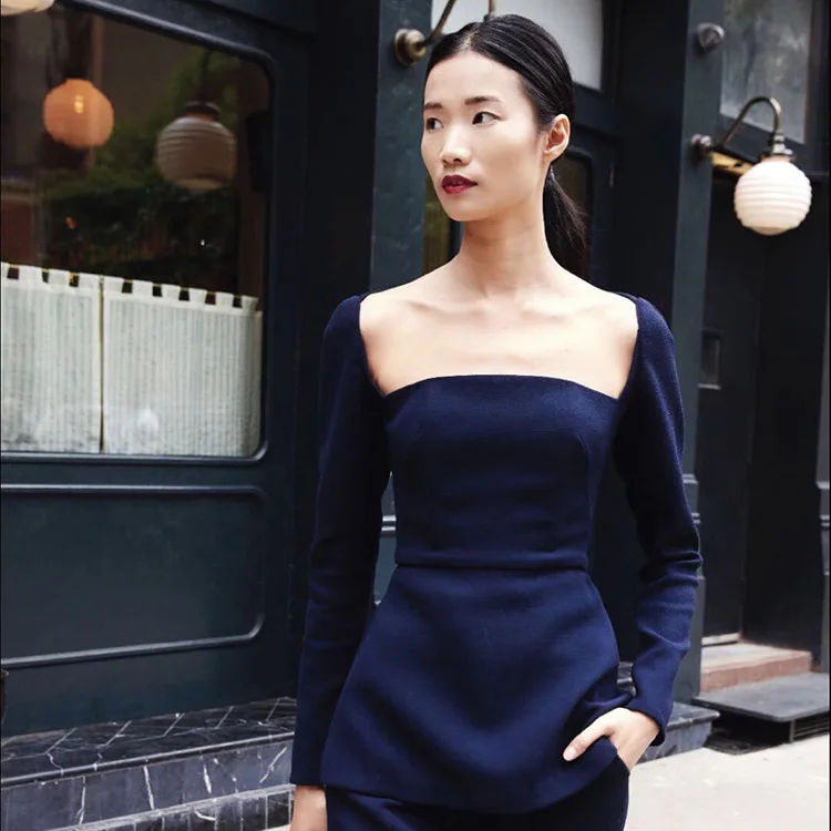 

2019 Autumn and Winter New Women's Wear Collar Hidden Blue Wool Thin Hair Coat Jacket Waist A Pendulum Coat Winter Coat Women