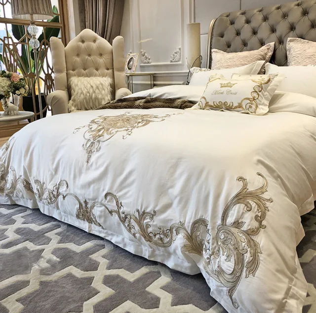 Luxury White Golden 100S Egyptian cotton Royal Bedding sets Queen King