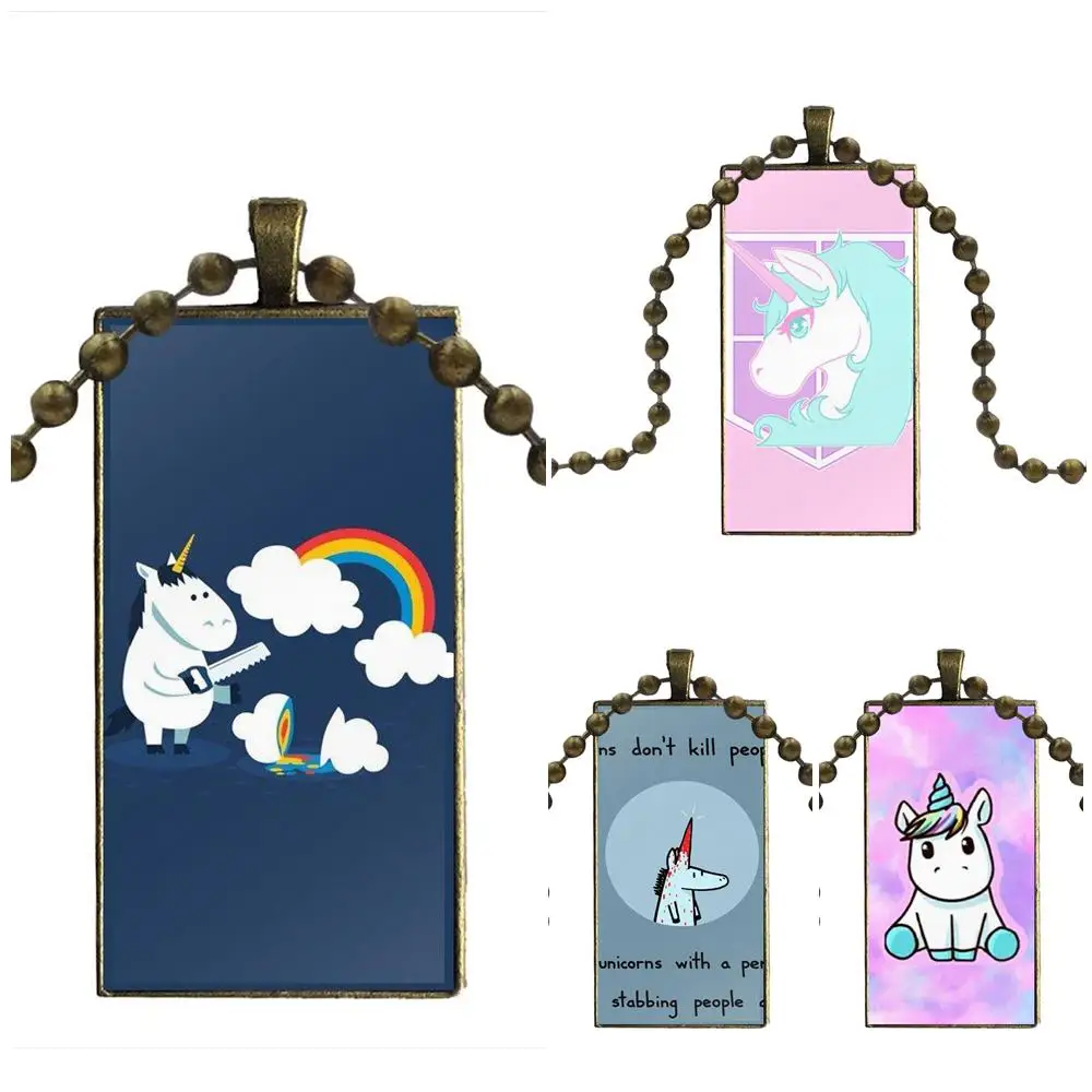 Glass Cabochon Pendant Necklace Rectangle Fashion For Unisex Gift Animals Cartoon Cute Horse Unicorn Lovely | Украшения и
