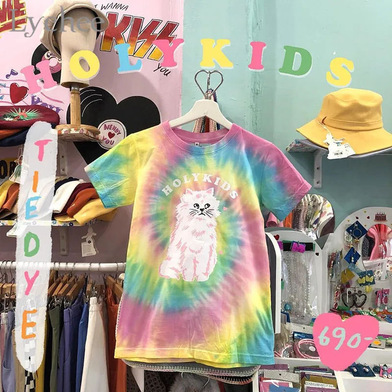 Lychee Harajuku Tie dying Cat хит цвет радуги женские футболки с круглым вырезом короткий рукав цвет блок свободные женские футболки