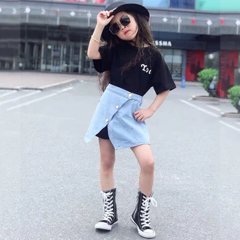

Summer girls 2 pcs set baby tee shirt + denim skirt kids suit children set fashion streetwear solid split snap 4 to 14 yrs